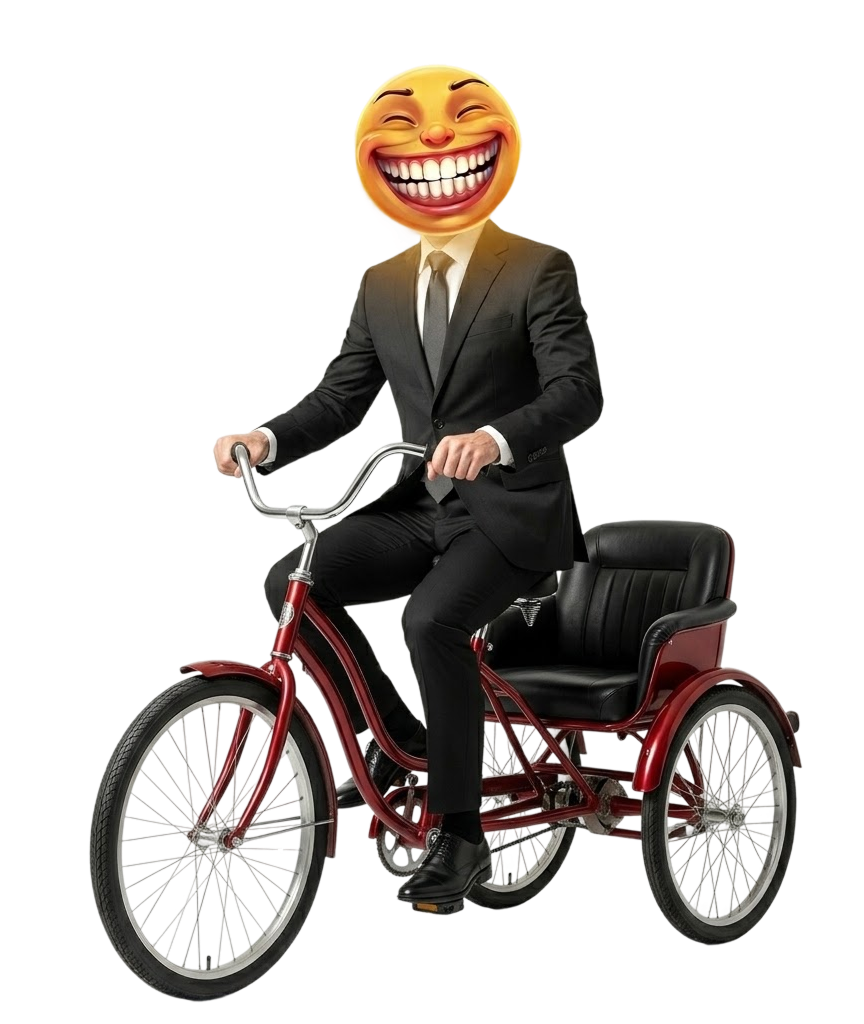 Happy guy riding a red tricycle